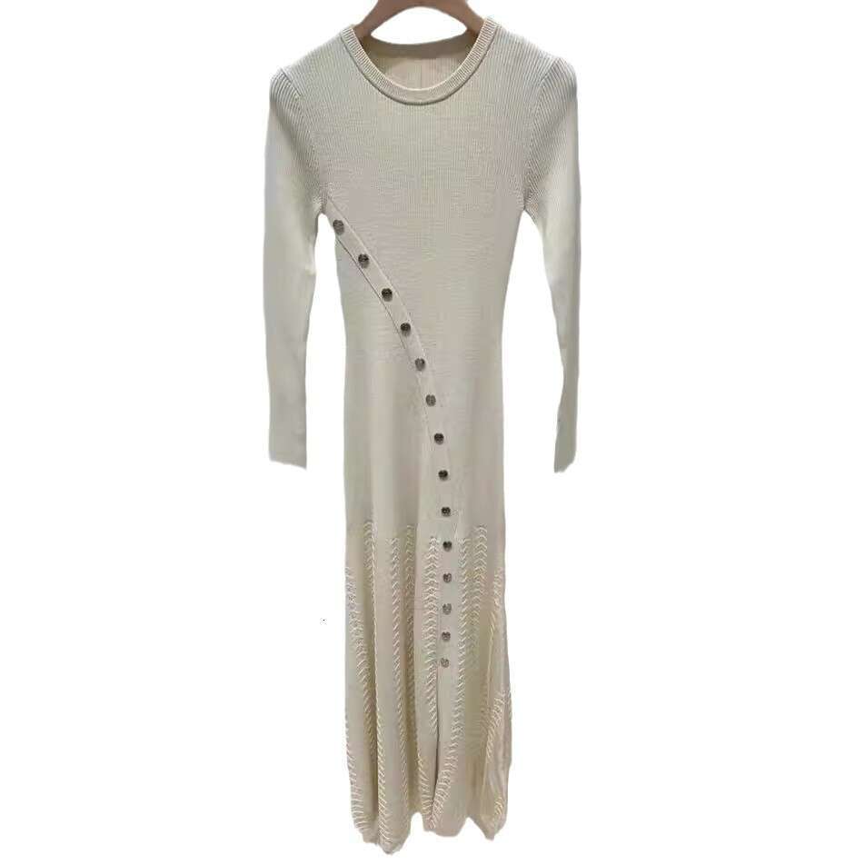 2026 Spring New Solid Color Split Button Decorative Long Sleeve Slim Knitted Women's Dress