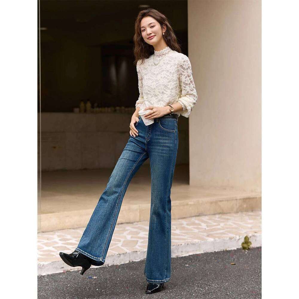 VIMLY Women's Denim Pants 2025 Winter Retro Washed Waist Cinching Slim Flared Jeans Elegant Button Pocket Women Bottoms 75219 C260126 - view 6