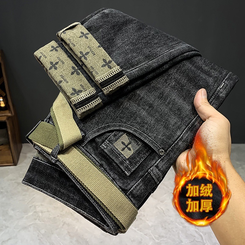 Luxury Brand Designer Clothes 2025 Autumn Winter New Thickened Warm Lamb Wool Jeans For Men Stretch Slim Fit Skinny Wear-Resistant Dirty Long Pants