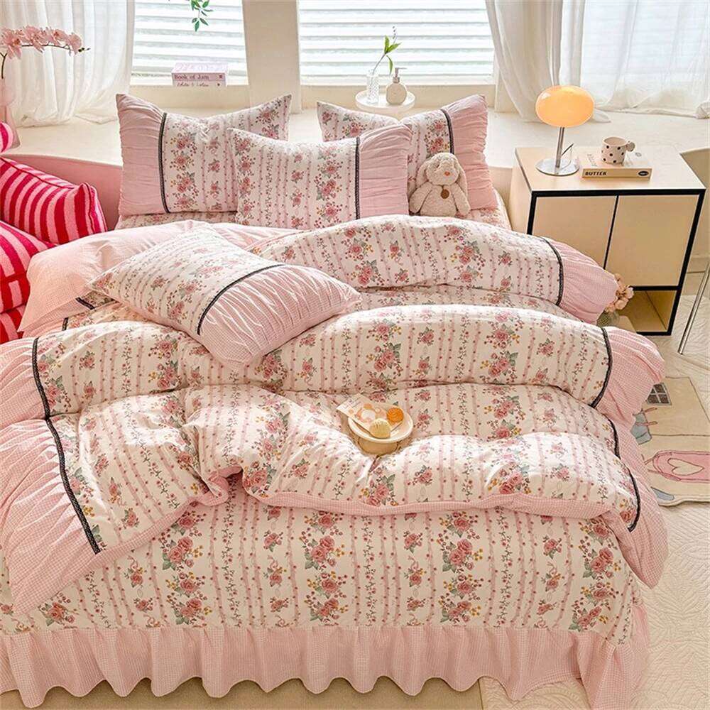 Korean Bedding Comforter Washed Cotton Four-Piece Princess Printed Soft Bed Linen Duvet Set Floral Quilt Cover Y260124