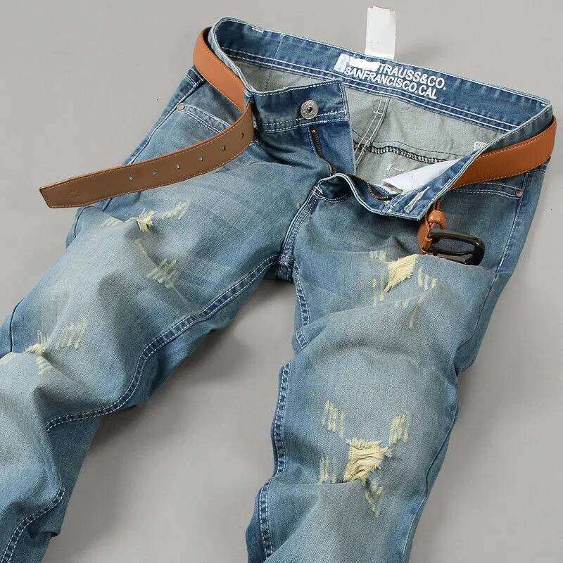 Autumn Winter Vintage Loose Casual Jeans Homme Trend Fashion Hole All-match Straight Denim Pants Male Trousers Men's Clothing