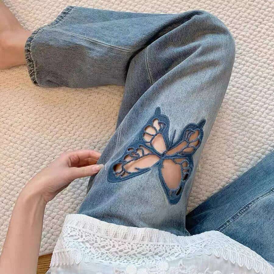 Y2K Blue Jeans Women Retro Hollowed Butterfly Straight Pants Nine Tenths Wide Leg Autumn Design Sense C260126