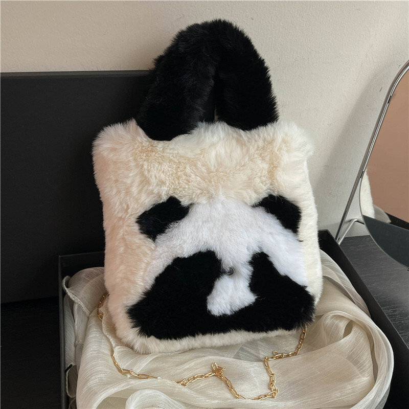 Autumn Winter New Panda Bucket Mini Tote Furry Cute Handheld Shoulder Crossbody Korean Style Women's Bag