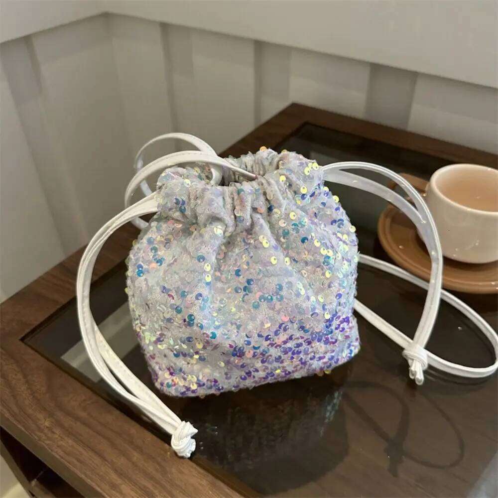 French Shiny Evening Banquet Korean Style Handbag Drawstring Crossbody Small Purse Sequin Shoulder Bag Wedding XJ260125