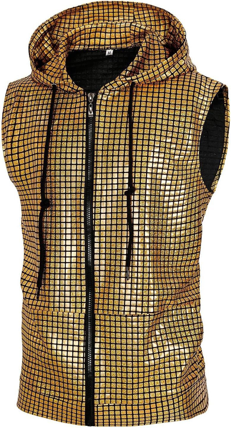 Stage Wear Men's Shiny Sleeveless Hooded Vest Metallic Zipper Shirt With Pockets Party Club Top