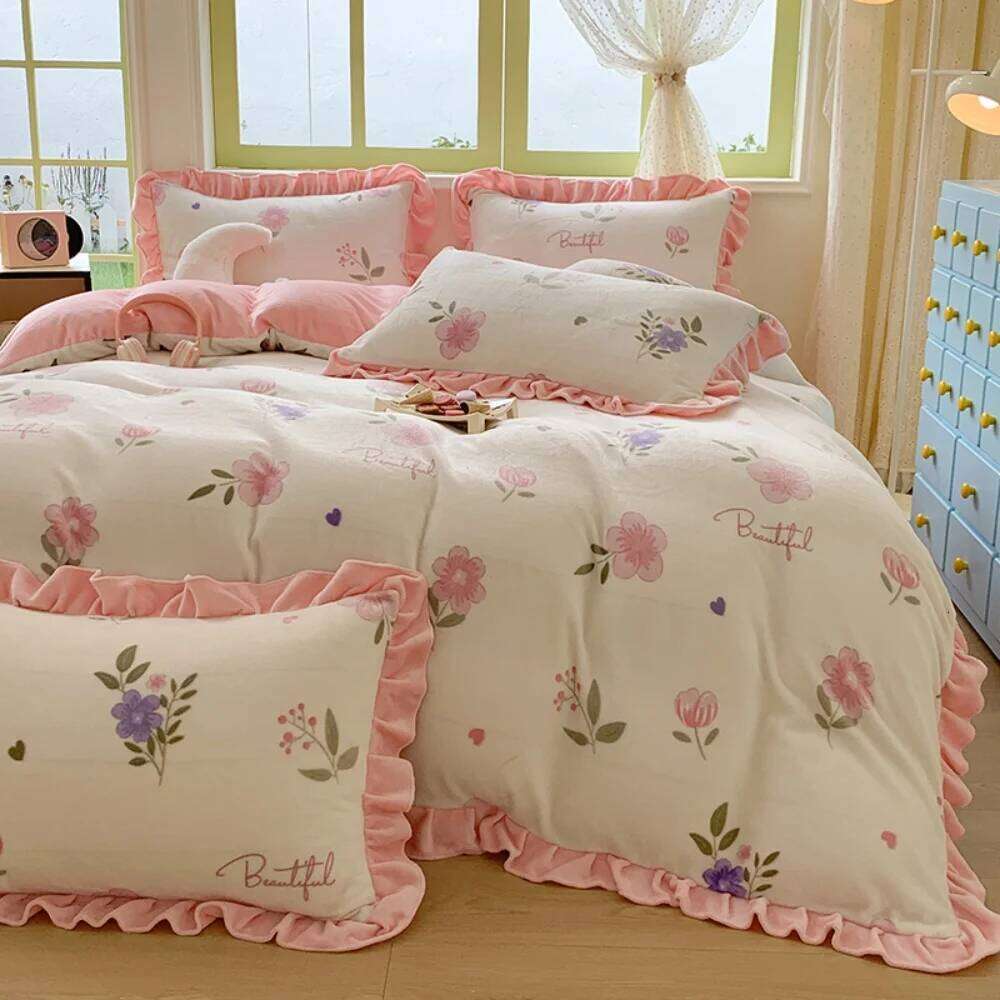 Winter Warm Milk Velvet Four-Piece Soft Quilt Cover Pillowcase Bed Sheet Comfortable Coral Fleece Bedding Set Home Textiles Y260124