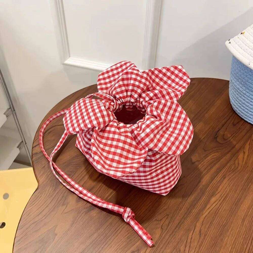 Cute Drawstring Portable Cloth Plaid Flower Crossbody Bundle Pocket Storage Ins Shoulder Bag Student XJ260125