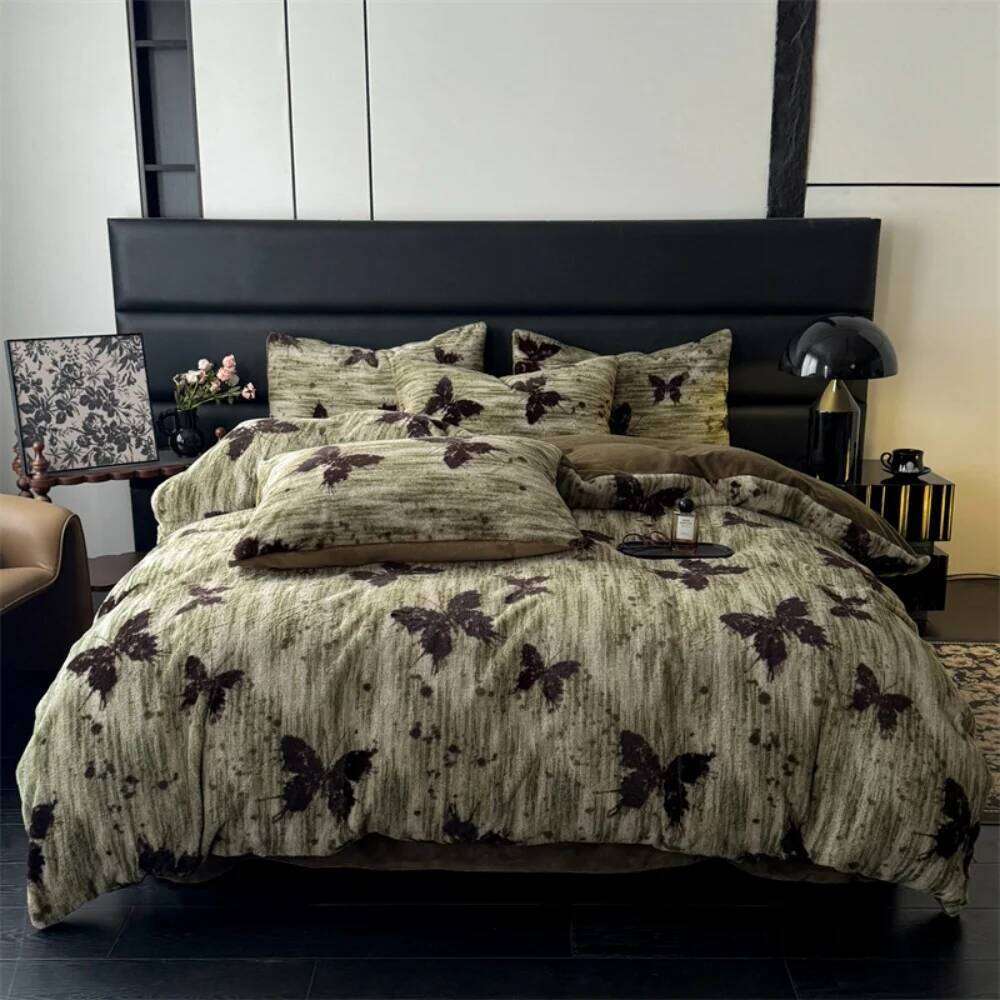 Retro Leopard Printed Rabbit Plush Quilt Cover Pillowcase Bed Sheet Four-Piece Thicken Winter Warm Coral Fleece Bedding Set Y260124