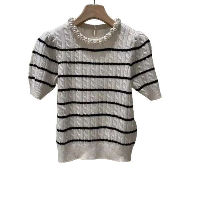French elegance 2026 autumn new classic round neck pearl trimmed pullover sweater knitted striped short sweater for women