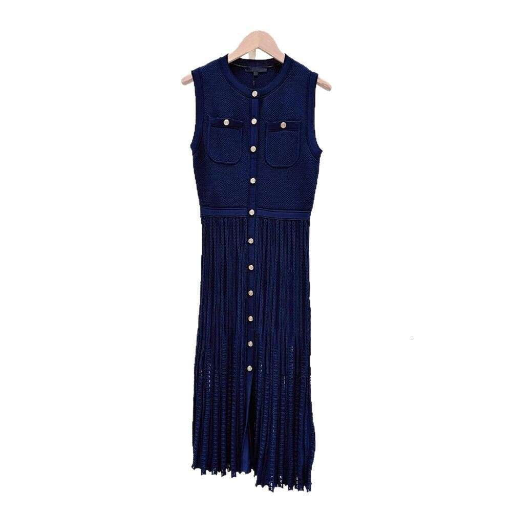 2026 Spring New Designer Deep Blue Hollow Sleeveless Slimming Women's Knitted Long Dress