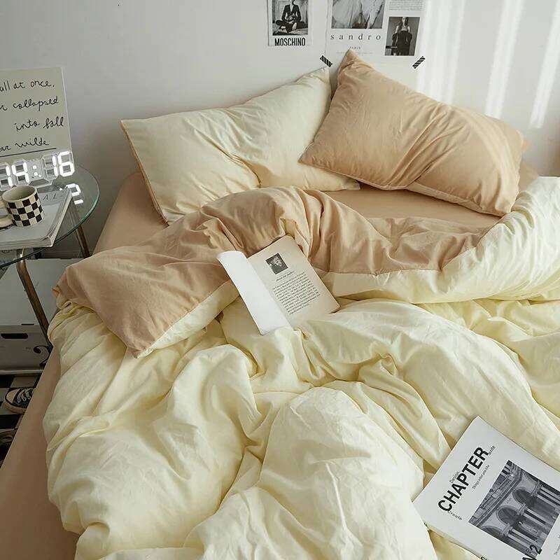 Class A Solid Color Fiber Four-piece Set Japanese Simple Washed Cotton Ins Wind Student Three-piece Quilt Cover Y260124