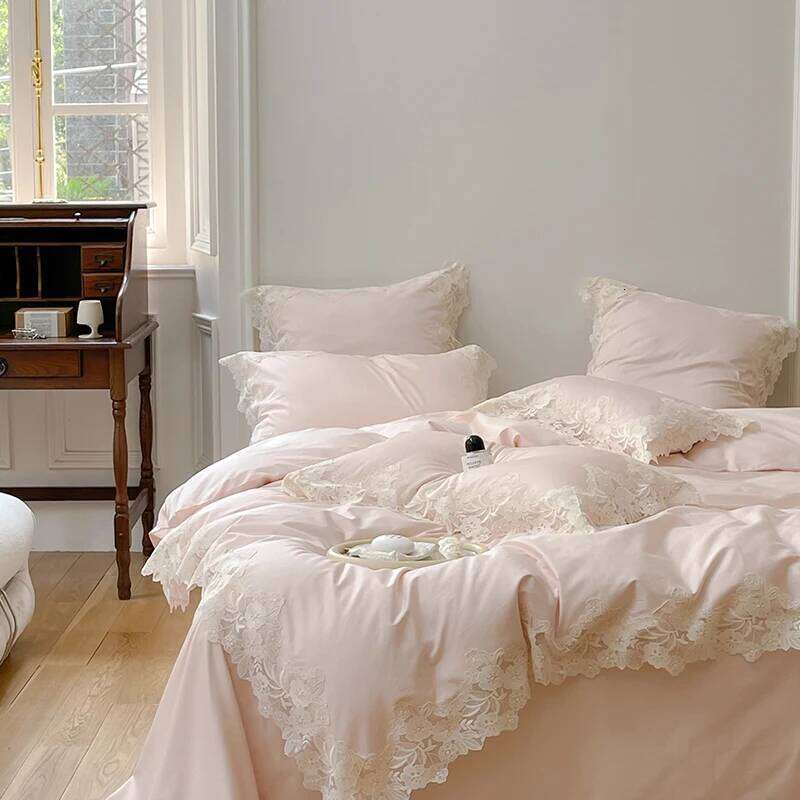 Light Pink Lace Embroidery Princess Bedding Set Luxury Egyptian Cotton Solid Color Quilt/Duvet Cover Bed Sheet Pillowcases Y260124