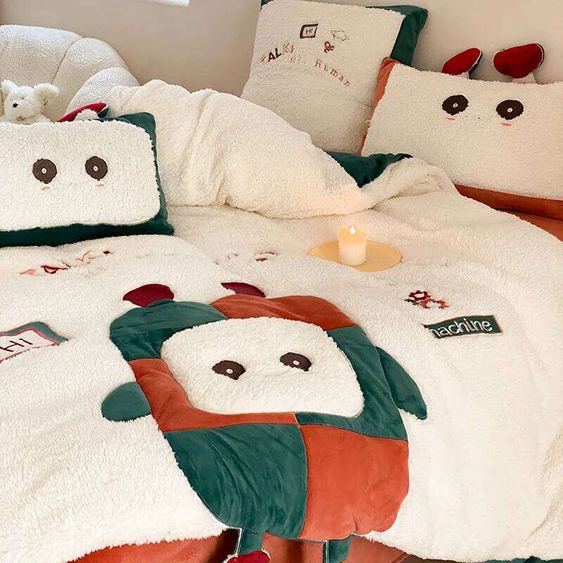 Winter Cartoon Cute Style Double-sided Buvet Thickened Lamb Fleece Four Piece Set Coral fleece Duvet Cover Plush Bedding Y260124