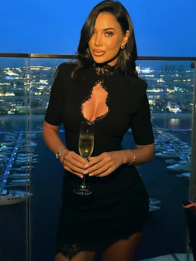 Sexy Tassel Slim Mini Dress Women Black Hollow Out Short Sleeve O-neck Dresses Female Spring Summer Lady Party Club Robe 260122