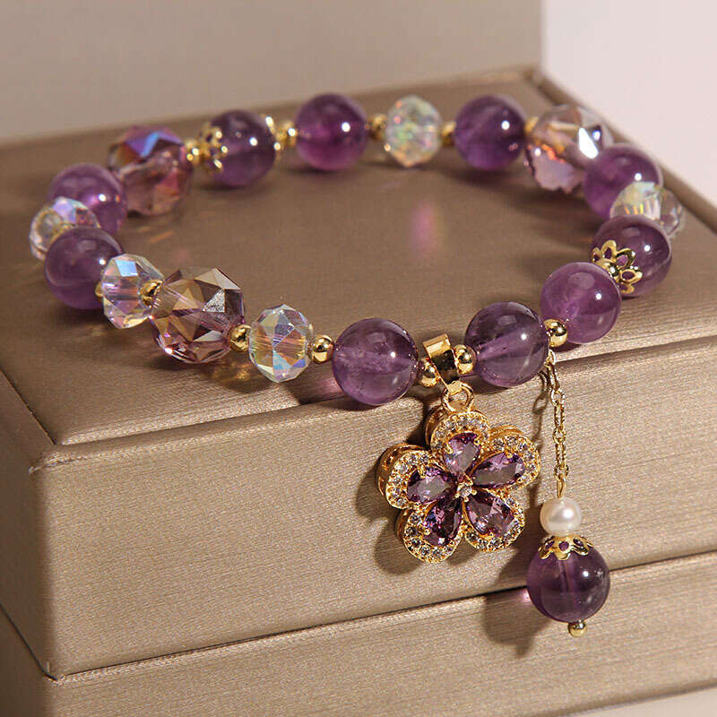 Elegant Natural Amethyst Bracelet Women, Light Luxury Vintage Five-Pointed Flower Pendant Bracelet Gift for Best Friends - view 3