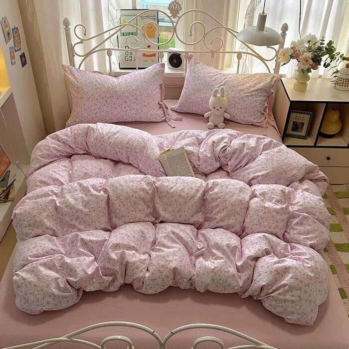Small flower bow four soft and skin friendly cotton linen double bed duvet set, dormitory three piece set Y260124