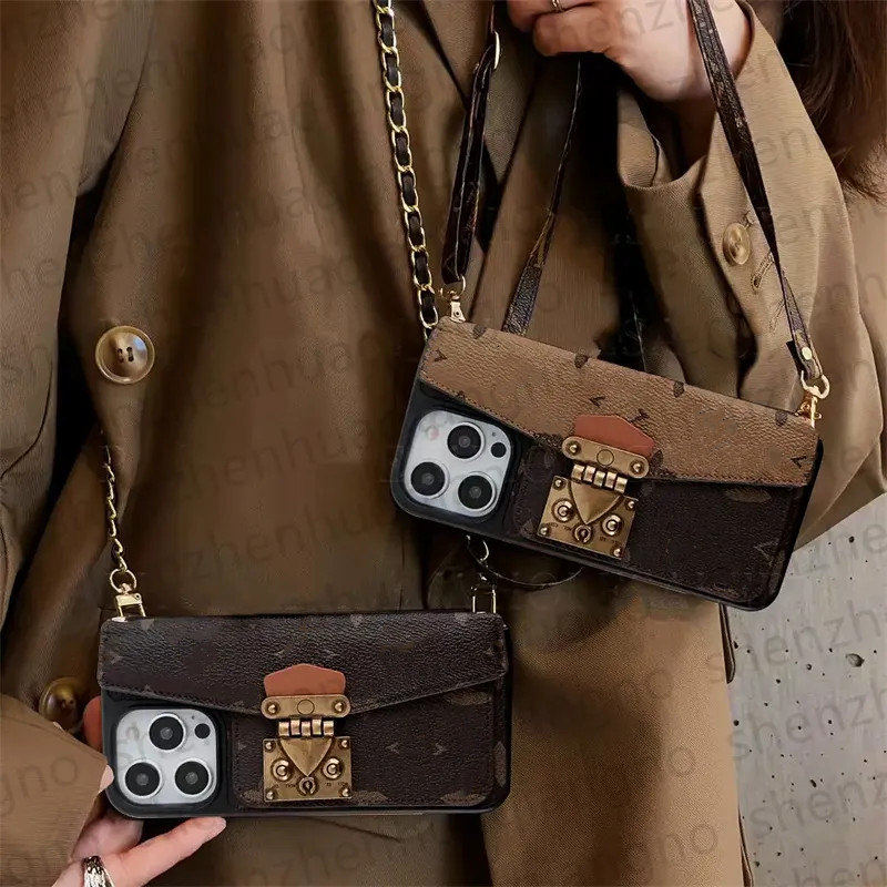 Wallet Crossbody Phone Case Designer iPhone Case for iPhone 17 Pro Max 16 Pro Max 15 14 12 13 11 16 Plus Case Samsung s26 Ultra S25 S24 s23 s22 Case Card Holder Chain Strap