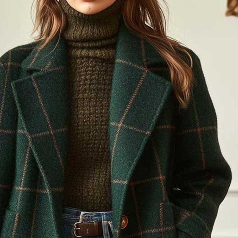 Autumn Winter New Women Wool Plaid Jacket Vintage Mid Length Lapel Coat Classic Double Breasted Trench Female Warm Coats 240830