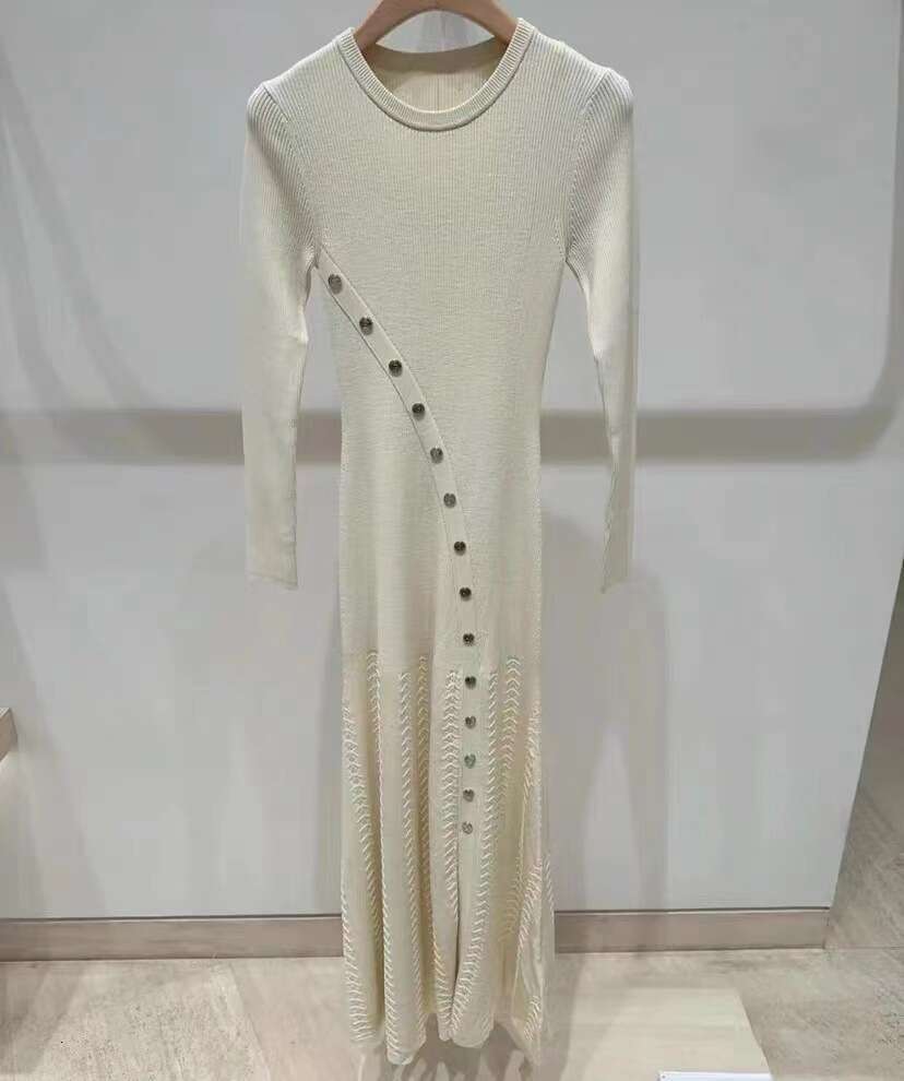 2026 Spring New Solid Color Split Button Decorative Long Sleeve Slim Knitted Women's Dress