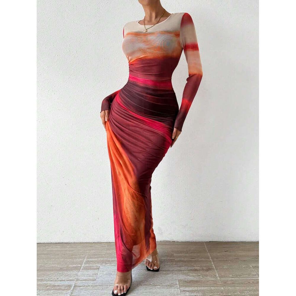 2026 Designer European and American Fashion Mesh Printed Ruffle Sexy Tight Round Neck Dress