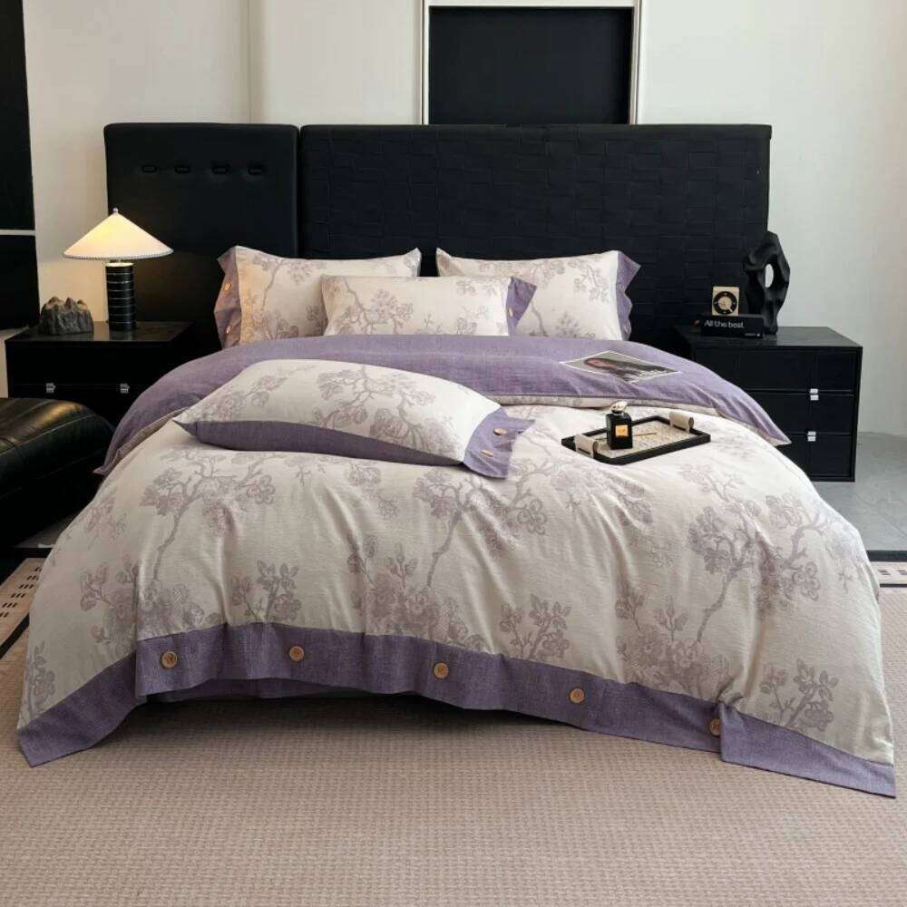 Plant Print Bedding Button Four Piece Set A-Class Linen Thicken Duvet Cover Bed Sheet Pillowcases Bedroom Decor Home Textile Y260124