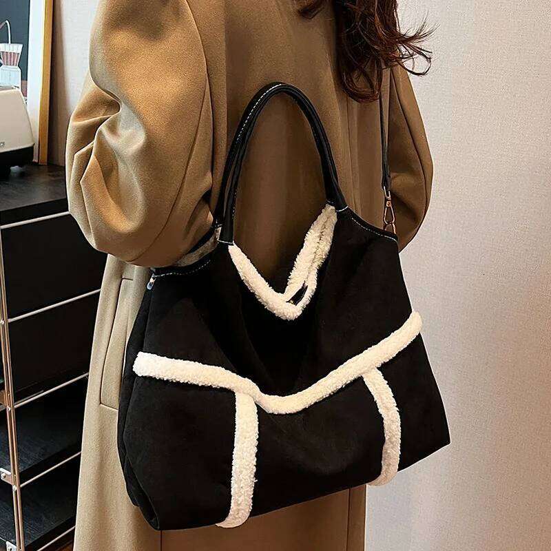 Fashion Large Capacity Winter Tote High Class Matte Women Handbag Suede Lamb Wool Patchwork Shoulder Crossbody Bag XJ260125