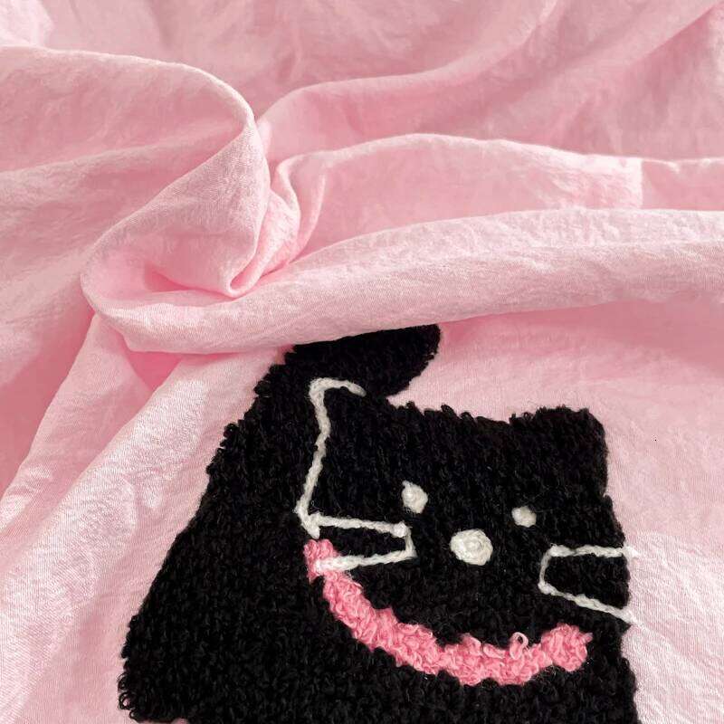 Korean Style Pink Bedding Set Black Cat Embroidery Washed Cotton Duvet Cover Cute Cardboard Bed linen Comforter Sets Y260124