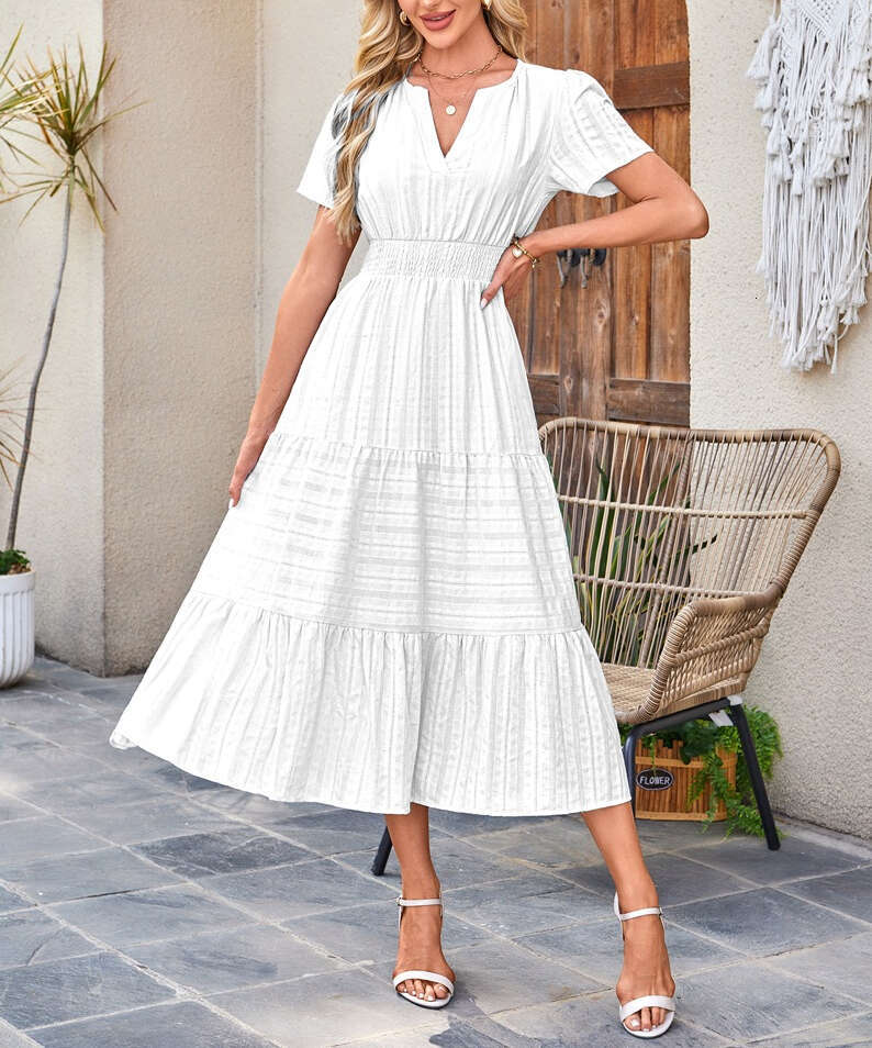 2026 designer European and American women's clothing hot selling V-neck ruffled fluffy flared pants short sleeved dress