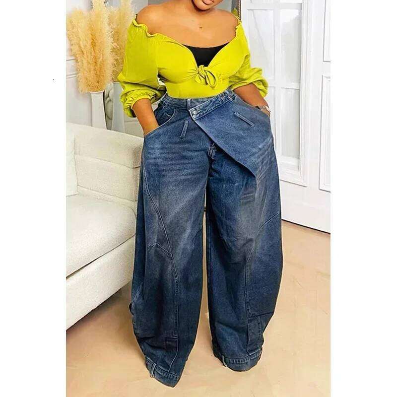Y2K Women Loose Jeans Asymmetric Button Pocket Washed Jean Casual Harajuku High Street Grunge Denim Trouders Pants C260126 - view 3