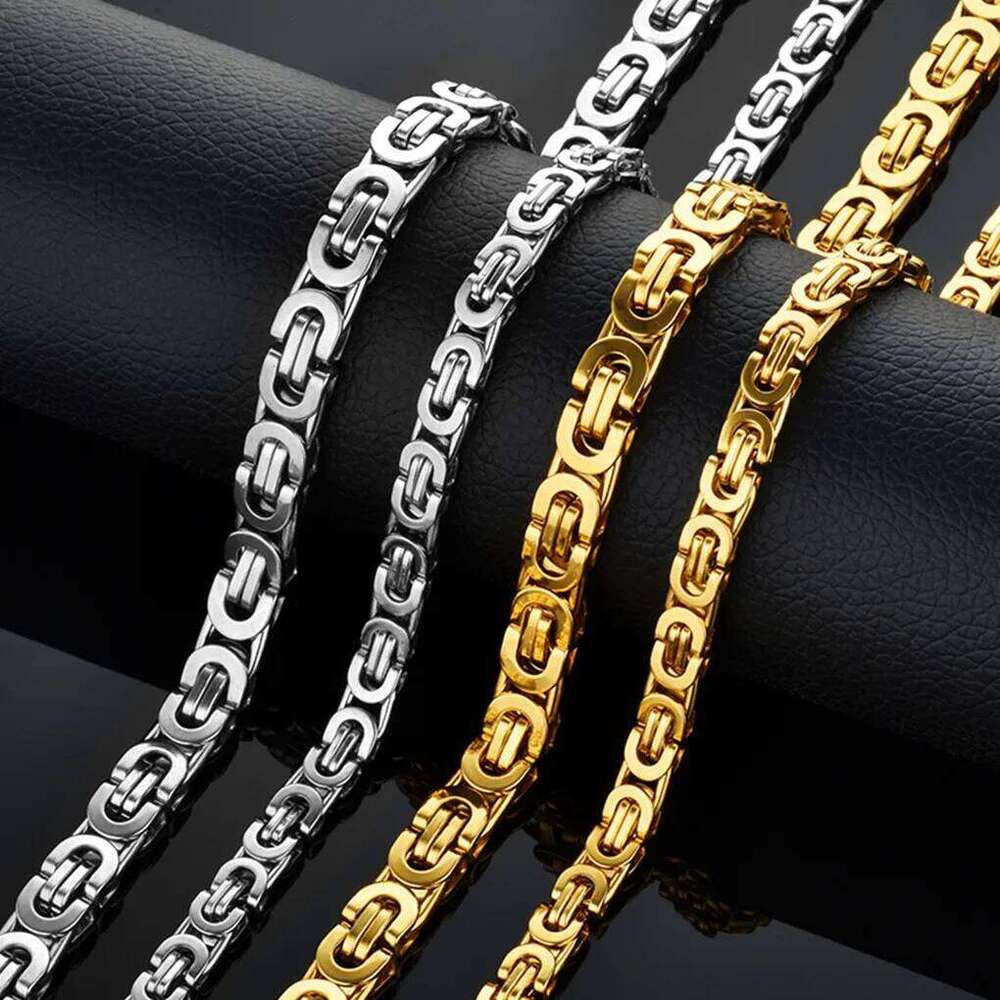 Dropshiping Male Punk 316L Stainless Steel Flat Byzantine Chain 8mm Gold Color Chunky Heavy Necklaces For Men Jewelry 2023 26H0126