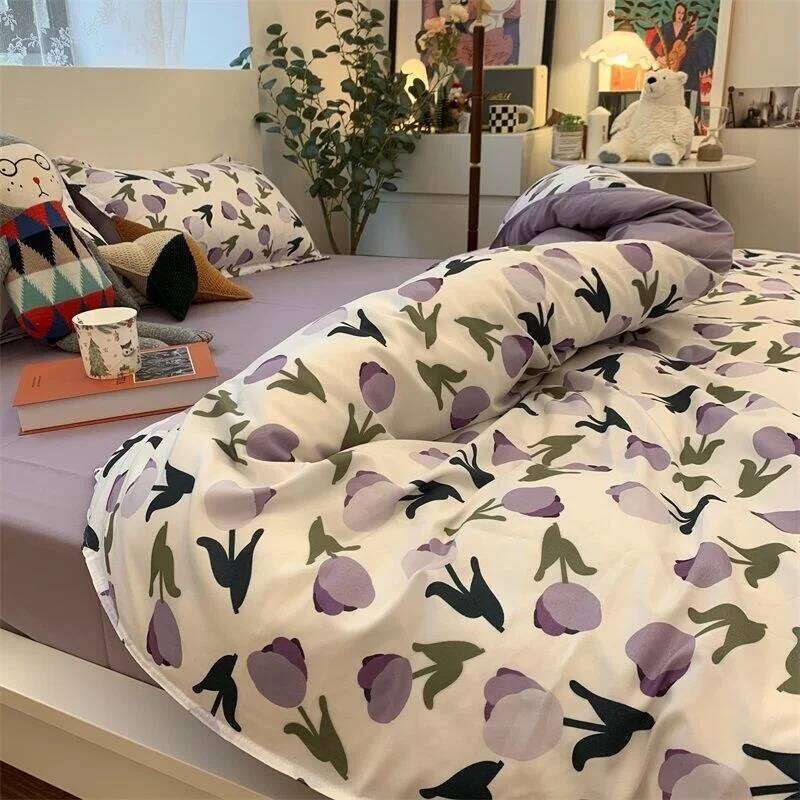 Ins Pink Strawberry Bedding Simple Flower Printed Bed Linen Flat Sheet Adult Kids Princess Girl Duvet Cover Set All Seasons Y260124