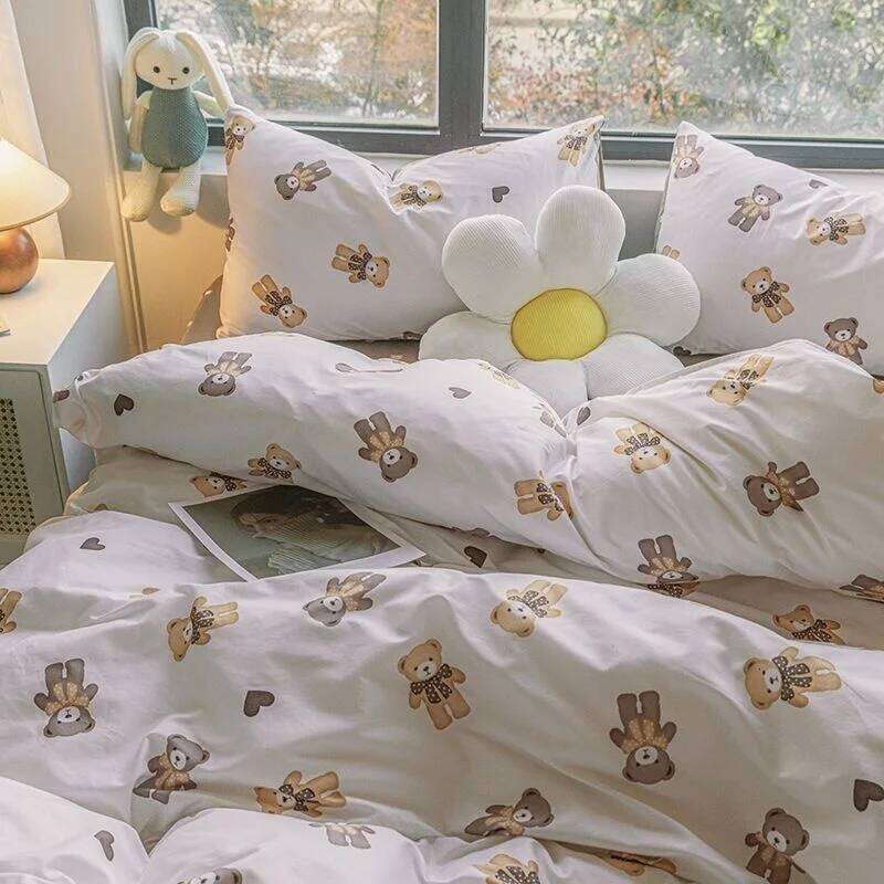 Ins Pink Strawberry Bedding Simple Flower Printed Bed Linen Flat Sheet Adult Kids Princess Girl Duvet Cover Set All Seasons Y260124