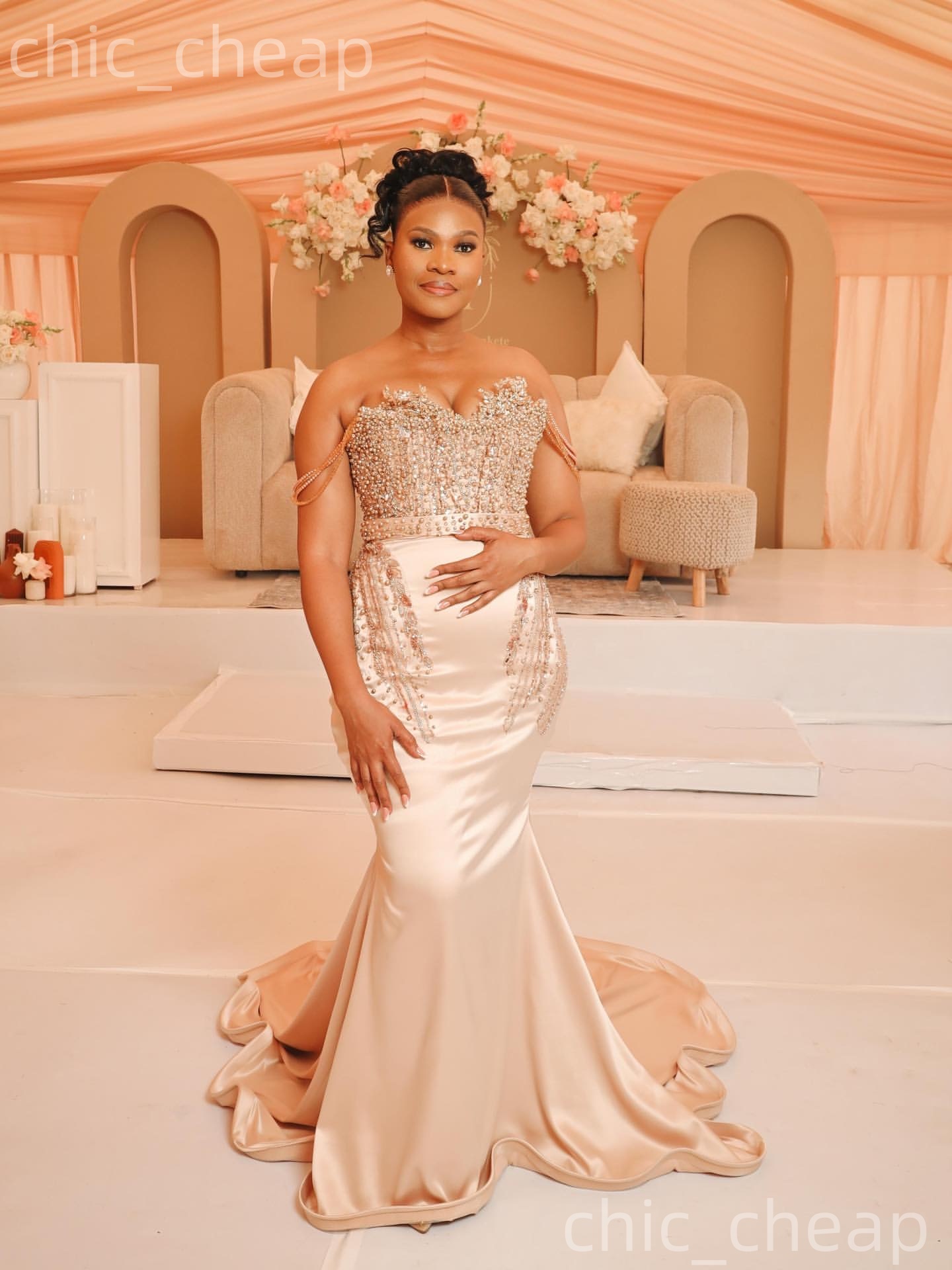 Aso Ebi Champagne Mermaid Prom Dresses 2026 Sweetheart Crystals Pearls Satin Evening Formal Party Second Birthday Engagement Gowns Dress For Special O