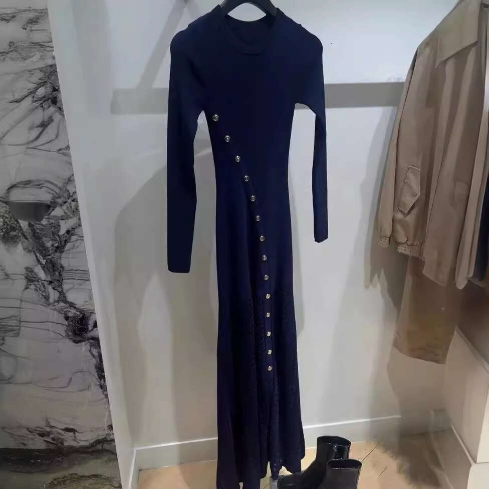 2026 Spring New Solid Color Split Button Decorative Long Sleeve Slim Knitted Women's Dress
