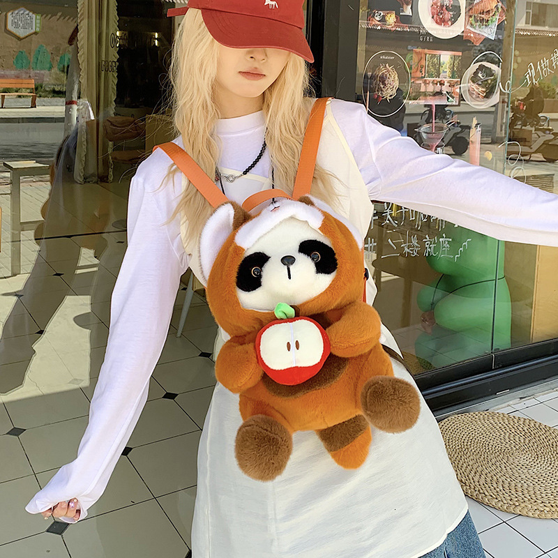 Cute Little Panda Backpack Large Capacity Plush Cartoon Raccoon Girl Birthday Gift Double Shoulder Bag