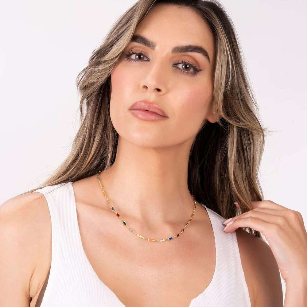 18K Gold Plated Multi Stone Crystal Baguette Necklace for Women - Made