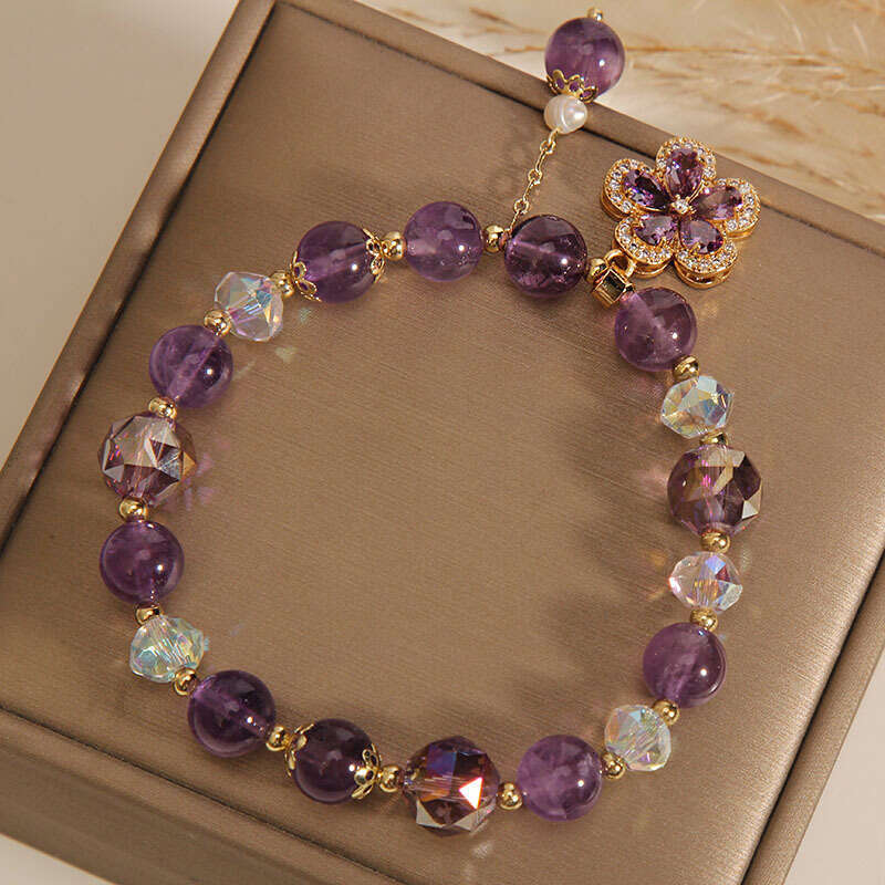 Elegant Natural Amethyst Bracelet Women, Light Luxury Vintage Five-Pointed Flower Pendant Bracelet Gift for Best Friends - view 4