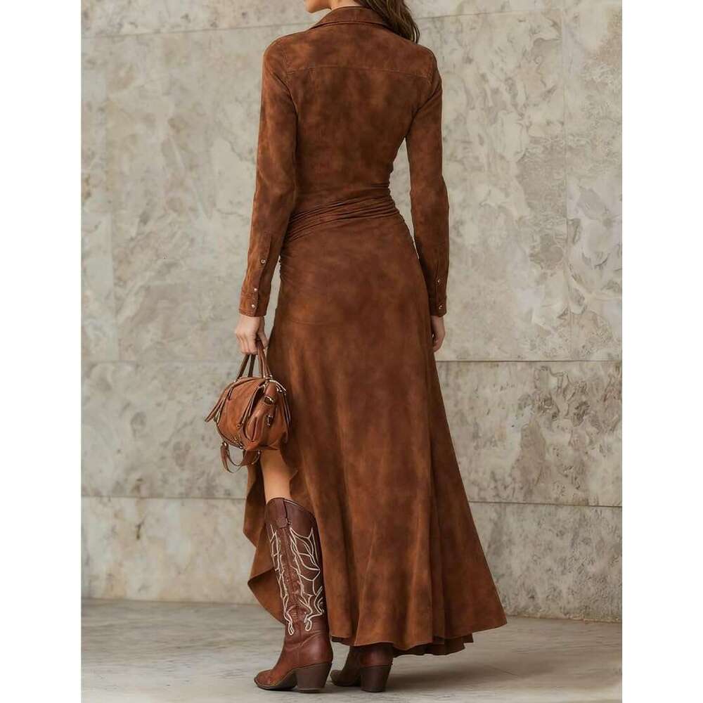 Womens Vintage Western Dresses Button Down V Neck Long Sleeve Maxi Dress Fishtail Hem Boho Suede Dress