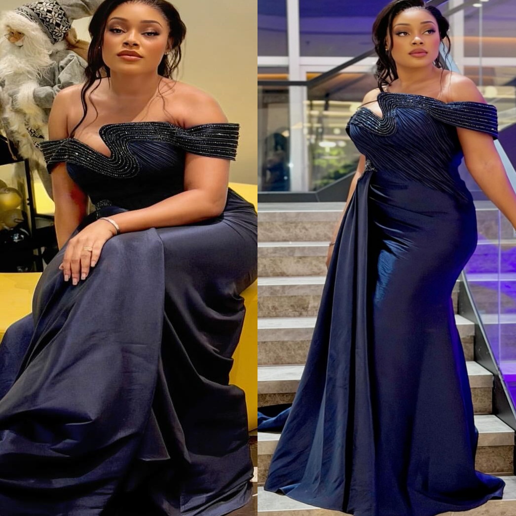 Aso Ebi Navy Blue Mermaid Prom Dresses 2026 Strapless Beaded Taffeta Evening Formal Party Second Birthday Engagement Gowns Dress For Special Occasions