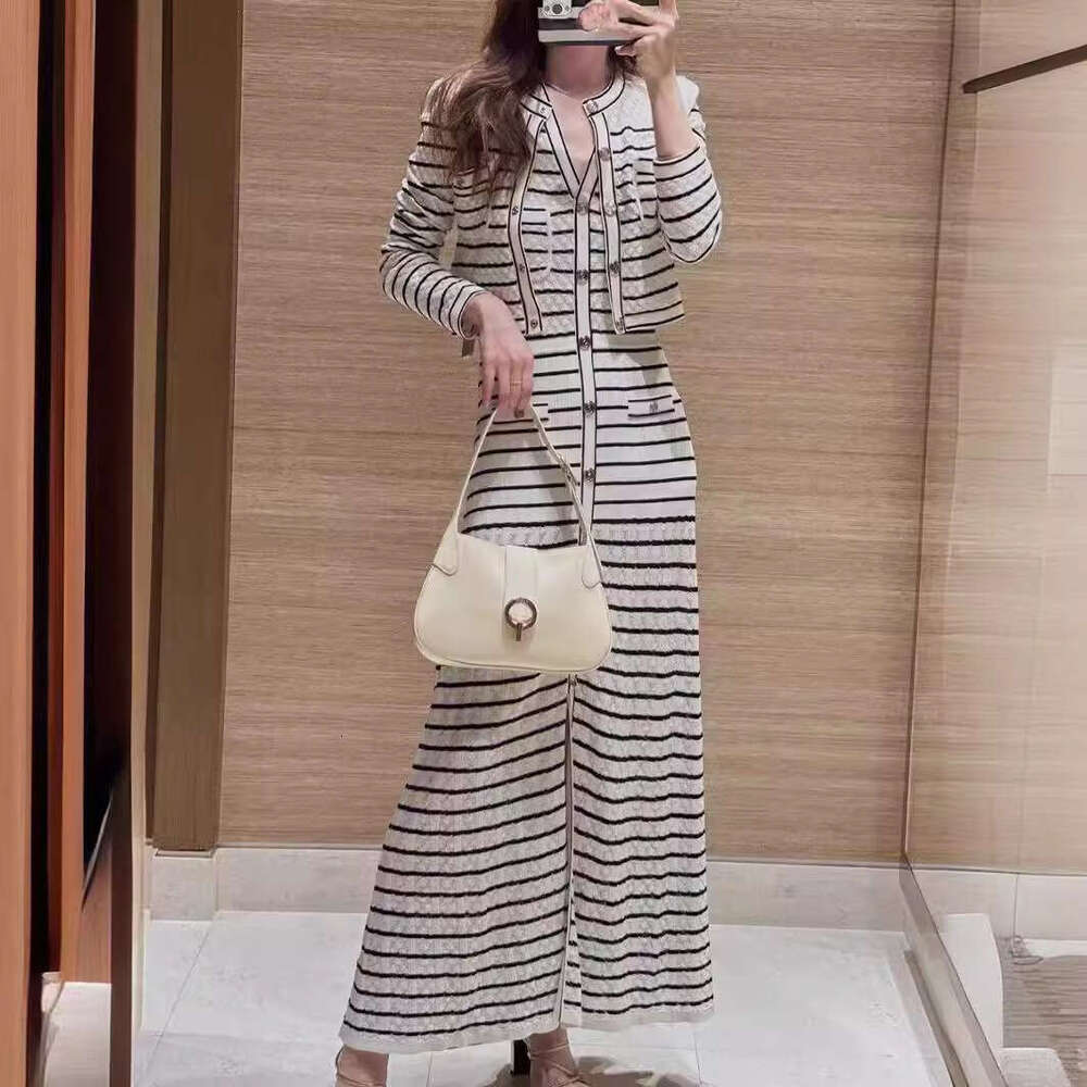 2026 Designer Spring New Striped Single breasted Knitted Women's Top Skirt Dress