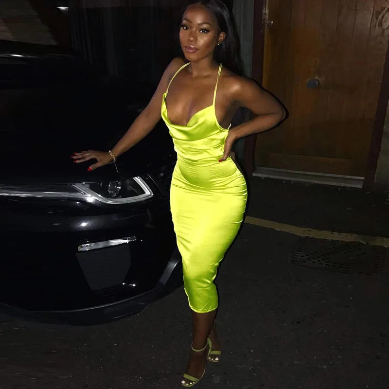 Neon Satin Lace Up Womens Long Midi Dress Light Pink Bodycon Backless Elegant Party Sexy Club Clothes Summer Dinner Outfit 260122