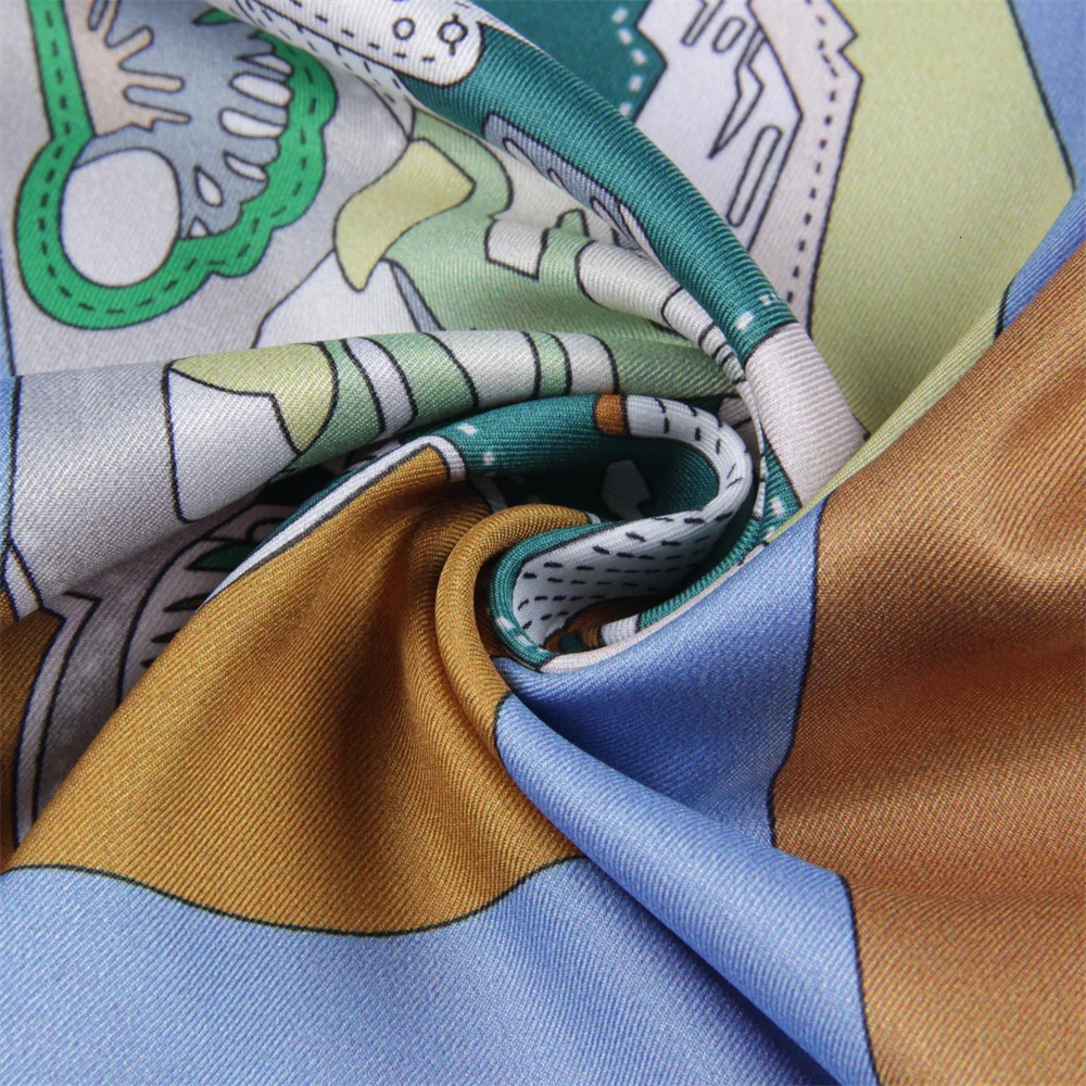 POBING Curled Twill Silk Scarf Women Leather Boots Double Side Printed Square Scarves Wraps Echarpes Foulards Femme Hijab 90CM 251230