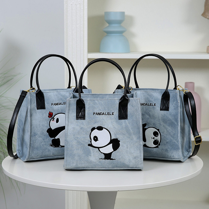 Cute Panda Embroidered Handheld Tote PU Leather Fashion Cartoon Shoulder Simple Versatile Commuter Crossbody Women's Bag