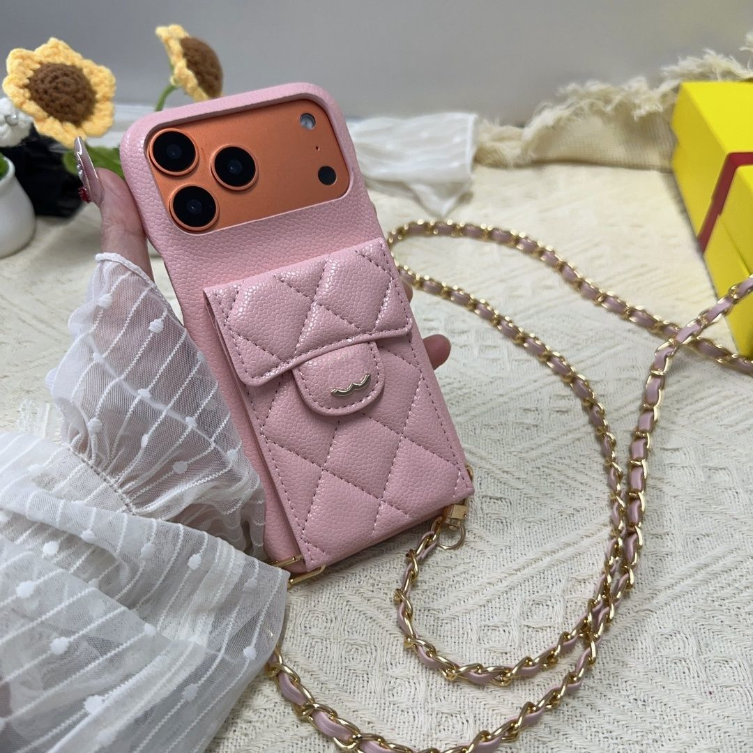 For iPhone 17 Pro Max Cases Women Crossbody Designer Phone Case Apple iPhone 16 Pro Max 15 Pro 14 Caviar Leather Quilted Card Holder iPhone Case Shoulder Strap Lanyard