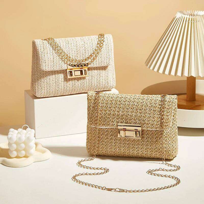 Fashion Straw Chain Shoulder Woven High Capacity Buckle Closure Clutch Handmade Crossbody Bag Women XJ260125