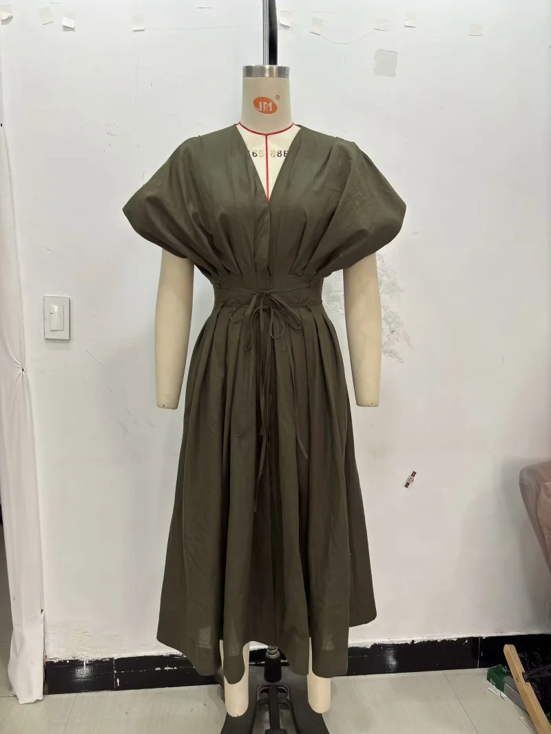 ETJ Summer 2025 womens elegant party dress Vintage Vneck fashion pleated laceup MIDI poplin 260120