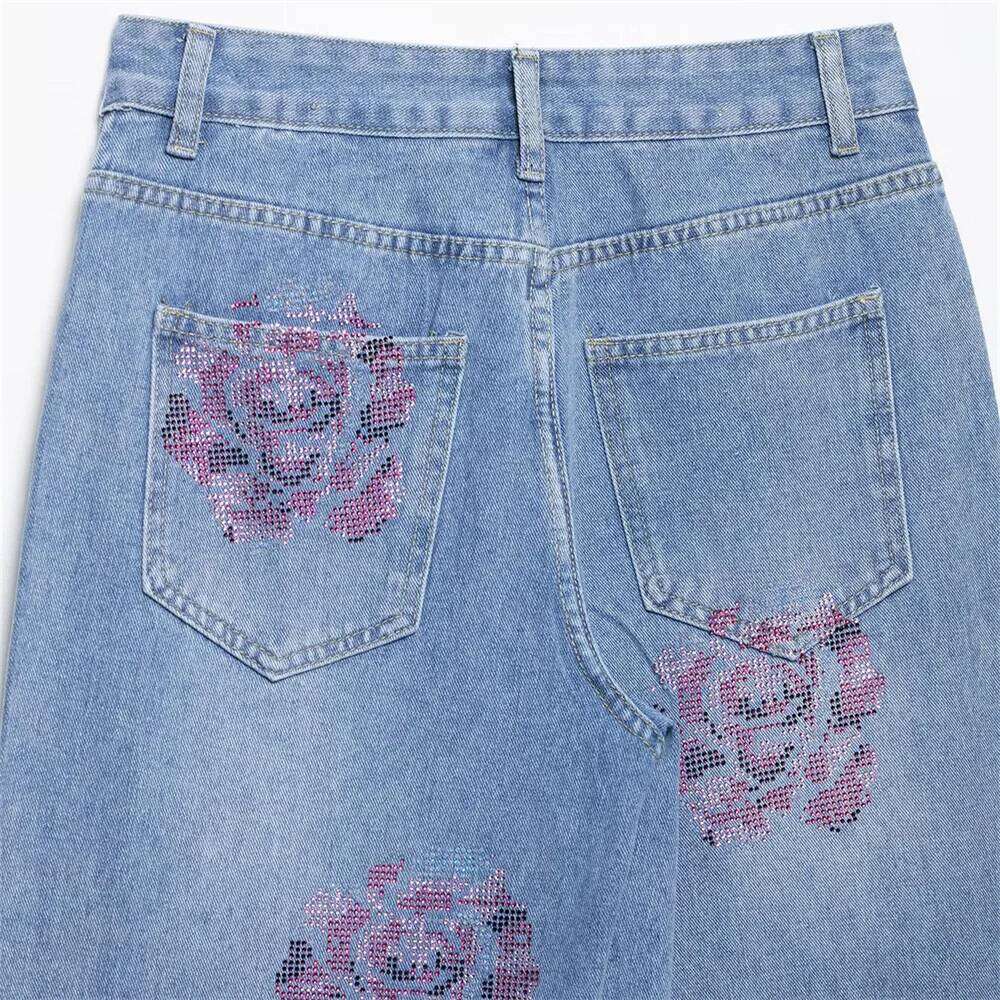 women's casual, simple and fashionable rhinestone embellished pants, summer new mid rise loose jeans C260126 - view 6