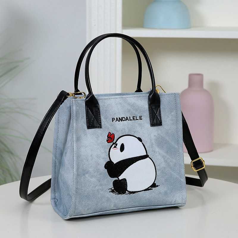 Cute Panda Embroidered Handheld Tote PU Leather Fashion Cartoon Shoulder Simple Versatile Commuter Crossbody Women's Bag