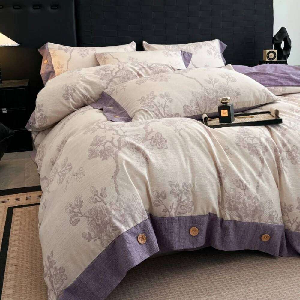 Plant Print Bedding Button Four Piece Set A-Class Linen Thicken Duvet Cover Bed Sheet Pillowcases Bedroom Decor Home Textile Y260124