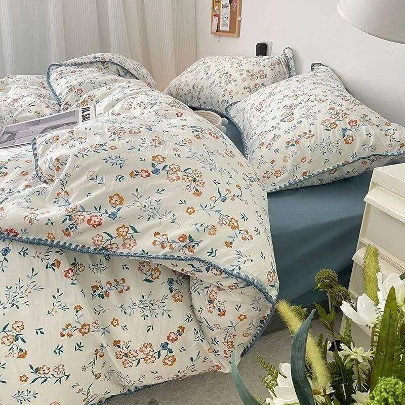 Bedding Girls Cherry Soft Washed Cotton Sheet Queen King Size Duvet Comforter Set Pillowcase Bed Linens Y260124